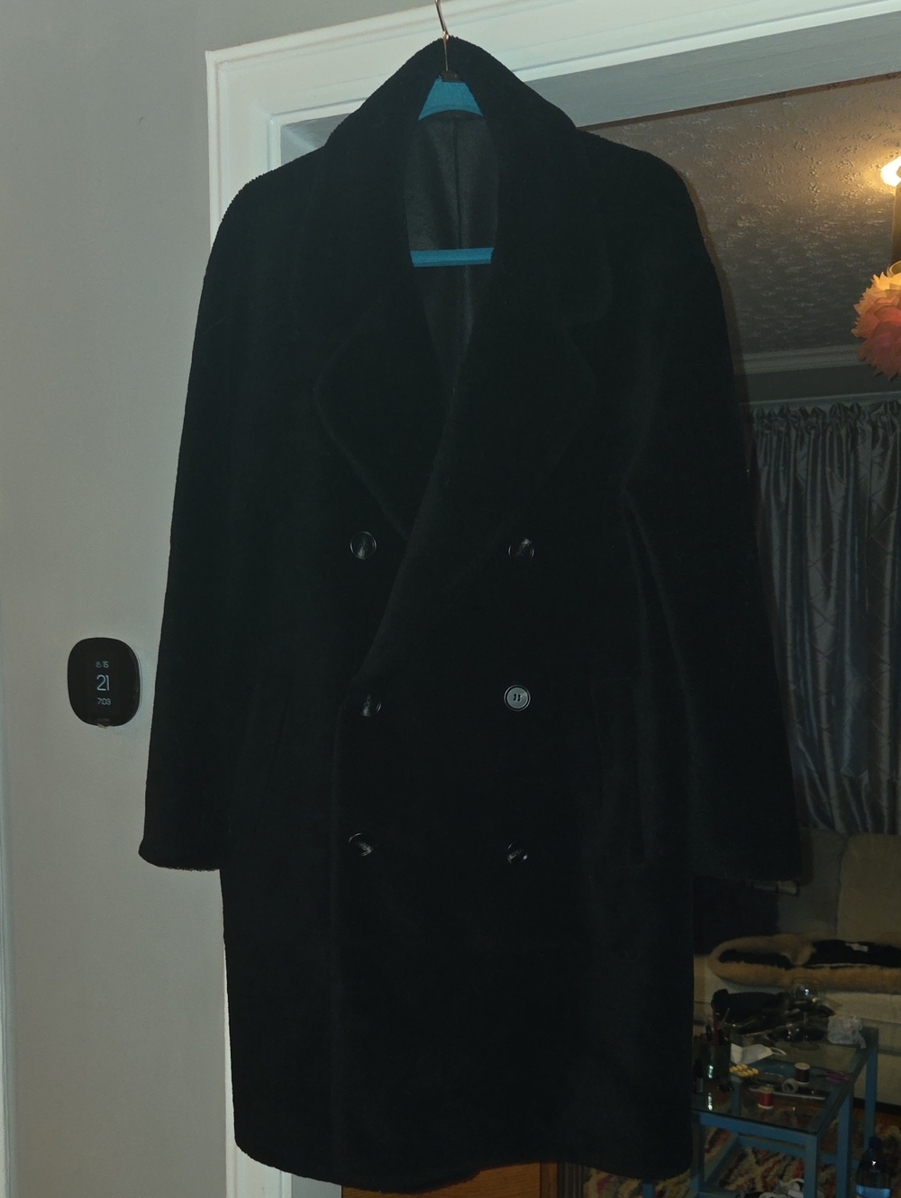 100% WOOL Shearling/Teddy COAT. BLACK. Double Breasted. XL Like NEW.